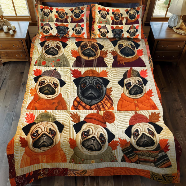 Autumn Vibe Pugs quilted 3-piece bedding set on a made bed with two matching pillow shams