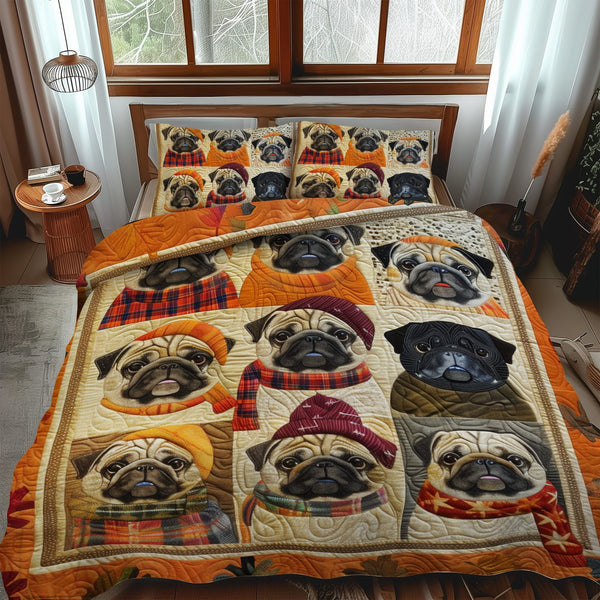 Autumn Vibe Pugs quilted 3-piece bedding set on a made bed with two matching pillow shams