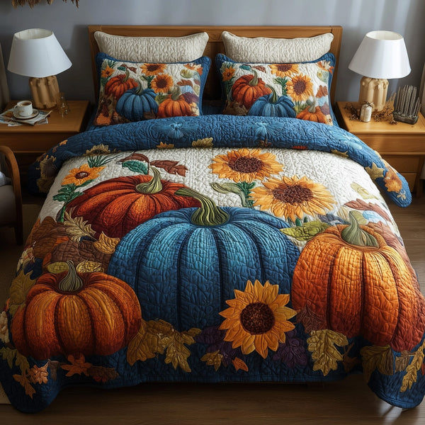 Autumn Vibe quilted 3-piece bedding set on a made bed with two matching pillow shams