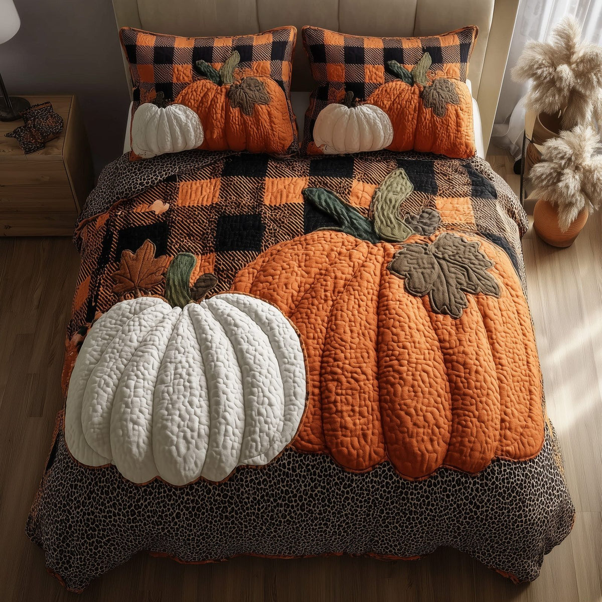 Autumn Vibe quilted 3-piece bedding set on a made bed with two matching pillow shams
