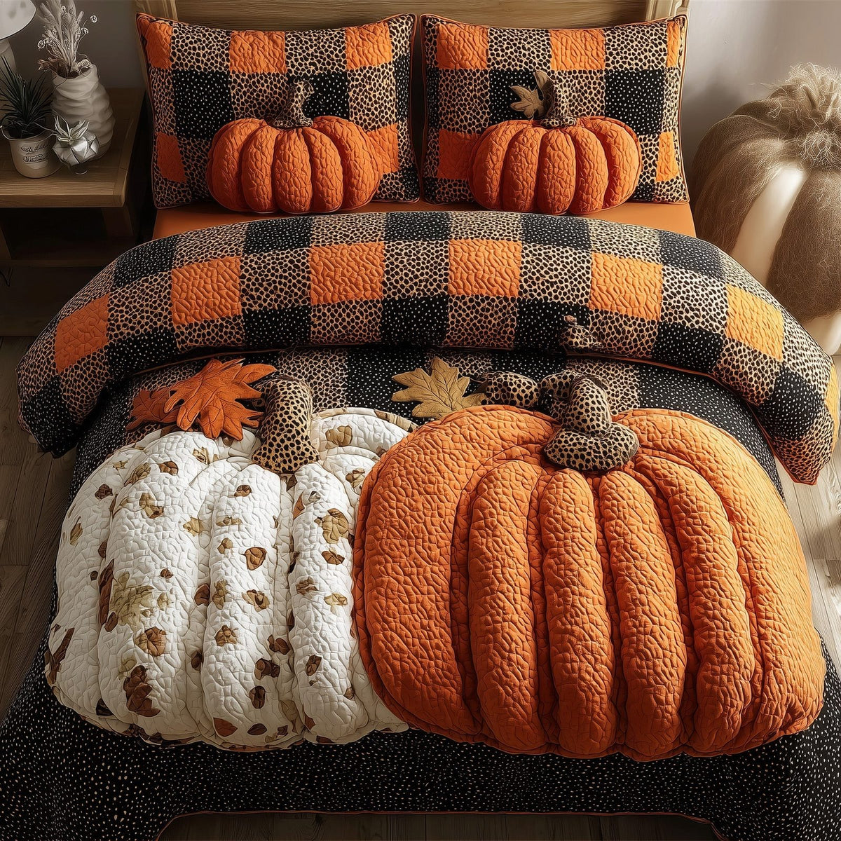 Autumn Vibe quilted 3-piece bedding set on a made bed with two matching pillow shams