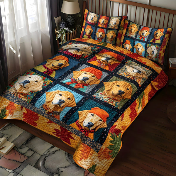 Autumn Vibes & Retriever Love quilted 3-piece bedding set on a made bed with two matching pillow shams