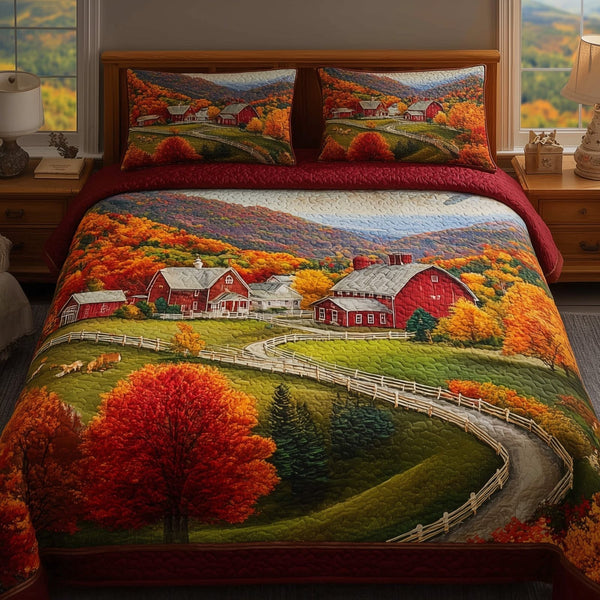 Autumn Villages quilted 3-piece bedding set on a made bed with two matching pillow shams