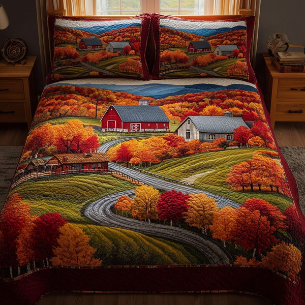 Autumn Villages quilted 3-piece bedding set on a made bed with two matching pillow shams