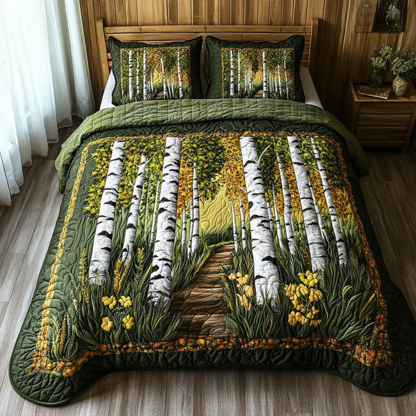 Autumn Walk quilted 3-piece bedding set on a made bed with two matching pillow shams