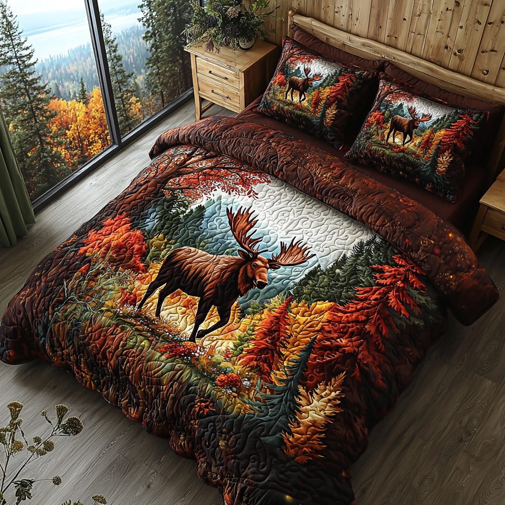 Autumn Wanderer quilted 3-piece bedding set on a made bed with two matching pillow shams