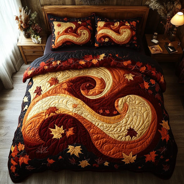 Autumn Wave quilted 3-piece bedding set on a made bed in a light coastal bedroom