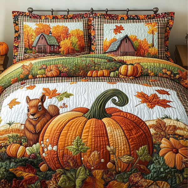 Autumn Whimsy quilted 3-piece bedding set on a made bed with two matching pillow shams