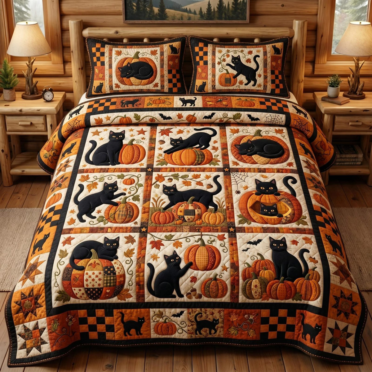 Autumn Whiskers quilted 3-piece bedding set on a made bed with two matching pillow shams
