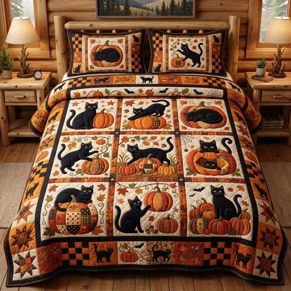 Autumn Whiskers quilted 3-piece bedding set on a made bed with two matching pillow shams