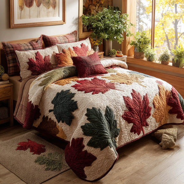 Autumn Whisper quilted 3-piece bedding set on a made bed with two matching pillow shams