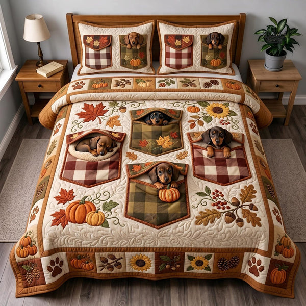 Autumn Wiener quilted 3-piece bedding set on a made bed with two matching pillow shams