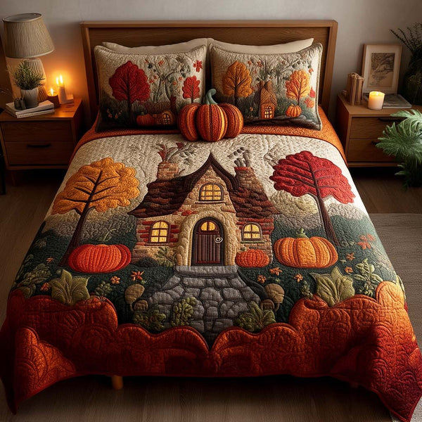 Autumn Winds quilted 3-piece bedding set on a made bed with two matching pillow shams