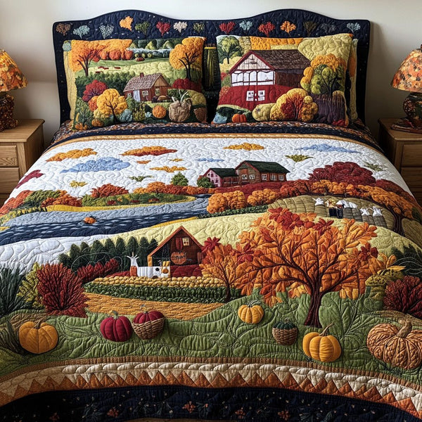 Autumn Wonders quilted 3-piece bedding set on a made bed with two matching pillow shams