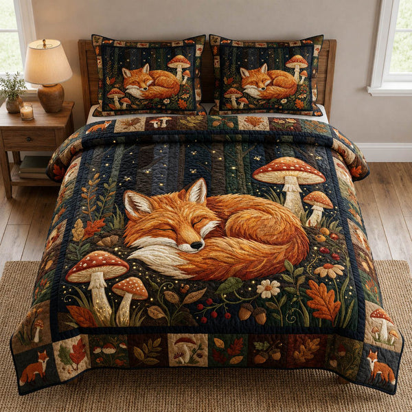Autumn Woodland Fox quilted 3-piece bedding set on a made bed with two matching pillow shams
