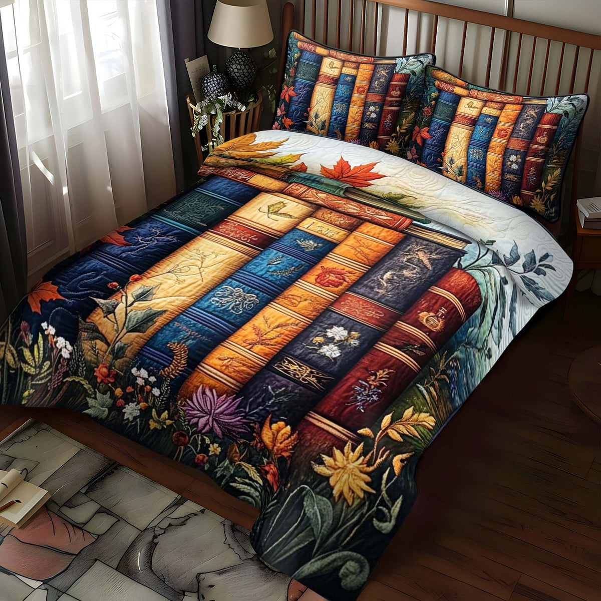 Autumnal Bookshelf quilted 3-piece bedding set on a made bed with two matching pillow shams