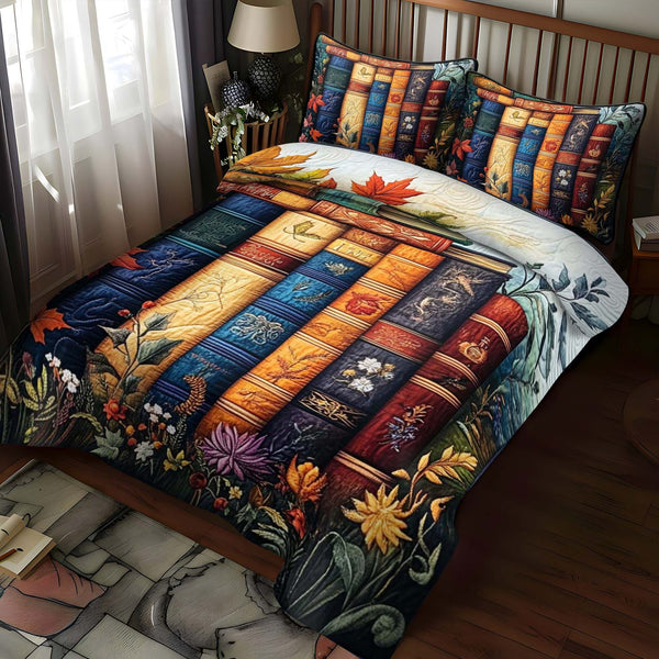 Autumnal Bookshelf quilted 3-piece bedding set on a made bed with two matching pillow shams