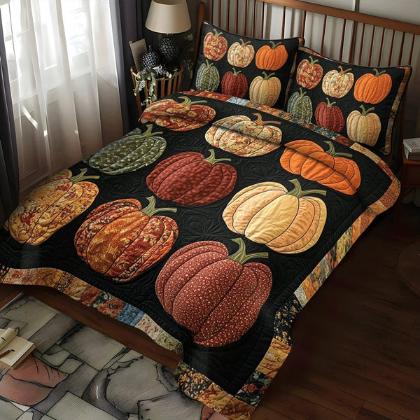 Autumnal Pumpkin quilted 3-piece bedding set on a made bed against a dark styled interior