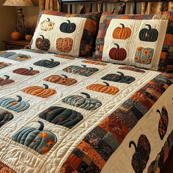 Autumnal Pumpkin quilted 3-piece bedding set on a made bed against a dark styled interior