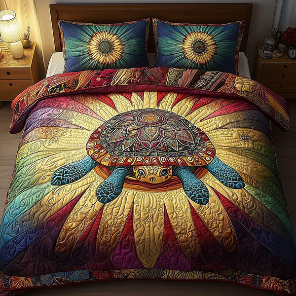 Awakening of the Sea Turtle quilted 3-piece bedding set on a made bed in a light coastal bedroom