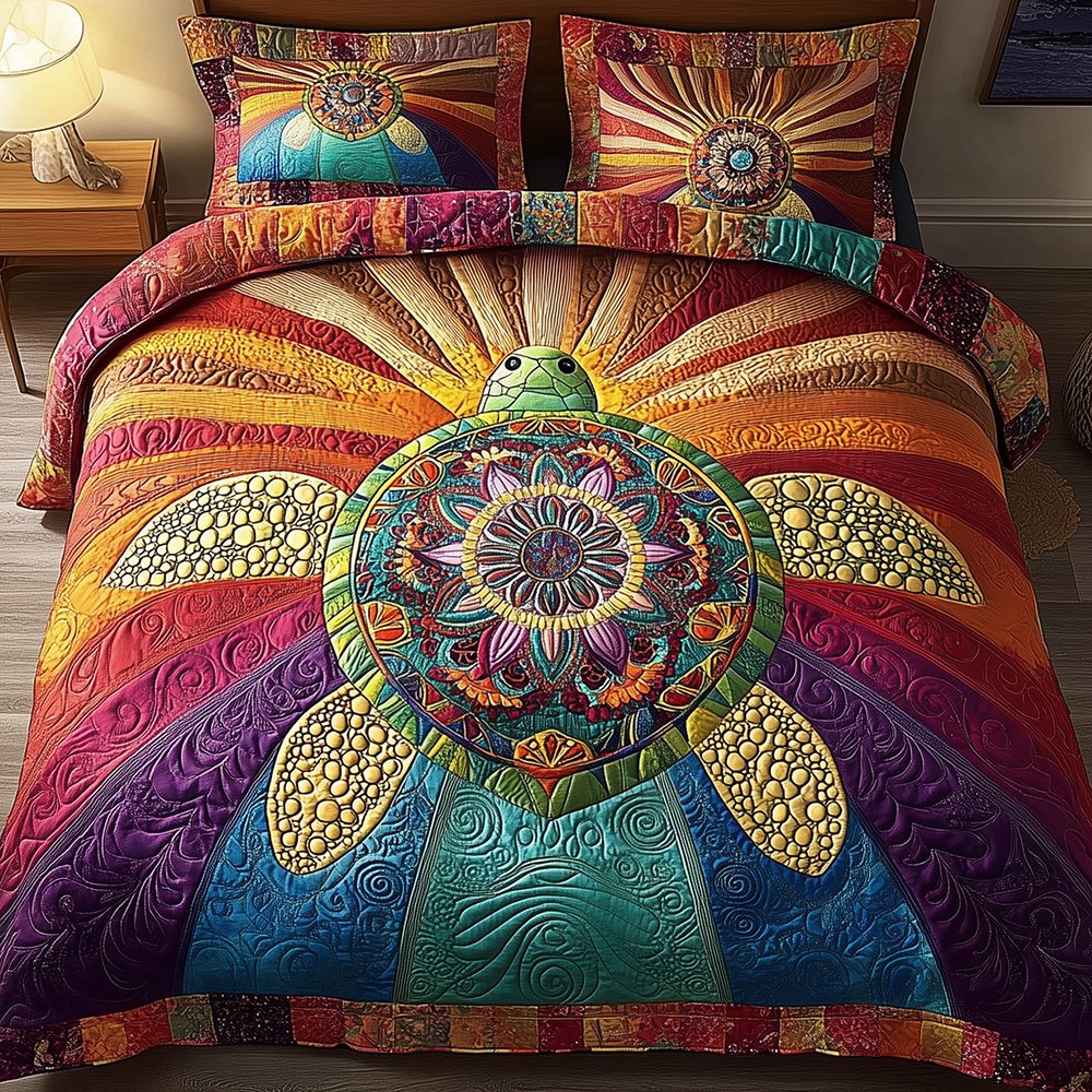 Awakening of the Sea Turtle quilted 3-piece bedding set on a made bed in a light coastal bedroom