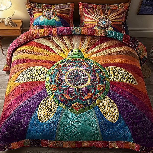 Awakening of the Sea Turtle quilted 3-piece bedding set on a made bed in a light coastal bedroom