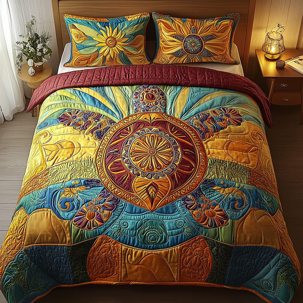 Awakening of the Sea Turtle quilted 3-piece bedding set on a made bed in a light coastal bedroom