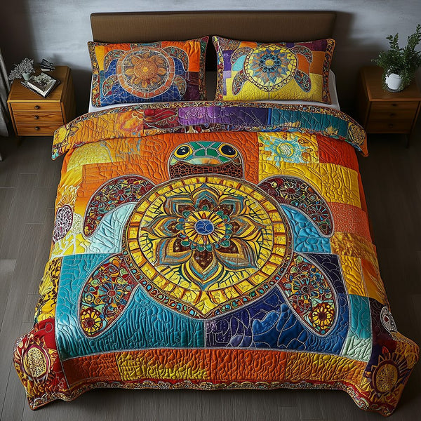 Awakening of the Sea Turtle quilted 3-piece bedding set on a made bed in a light coastal bedroom