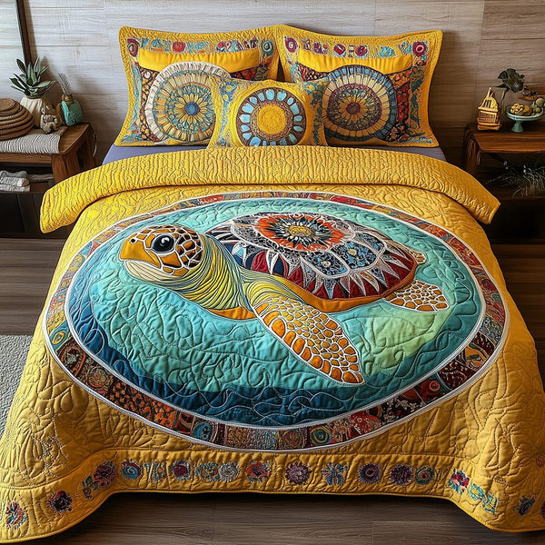 Awakening of the Sea Turtle quilted 3-piece bedding set on a made bed in a light coastal bedroom