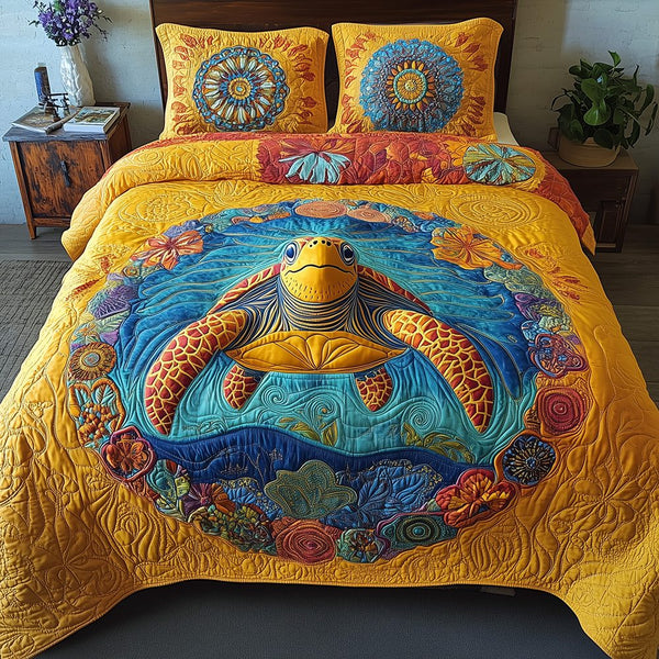 Awakening of the Sea Turtle quilted 3-piece bedding set on a made bed in a light coastal bedroom
