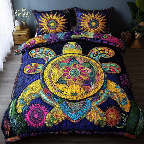 Awakening of the Sea Turtle quilted 3-piece bedding set on a made bed in a light coastal bedroom