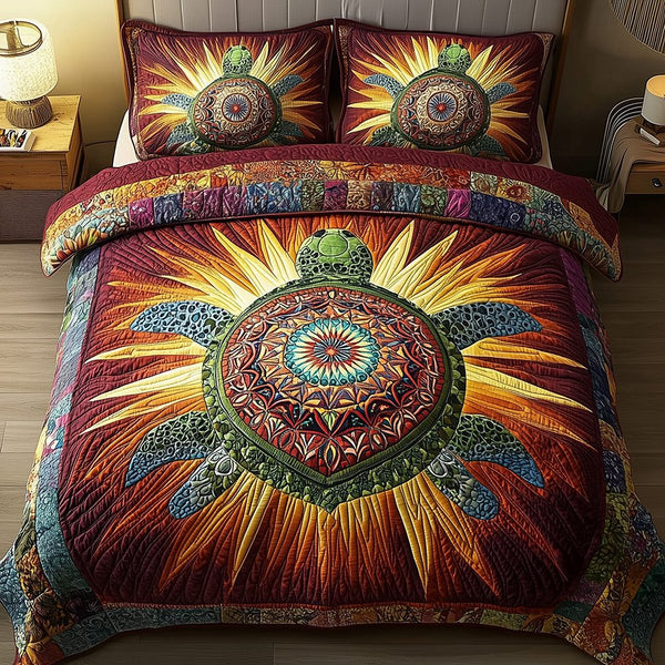 Awakening of the Sea Turtle quilted 3-piece bedding set on a made bed in a light coastal bedroom