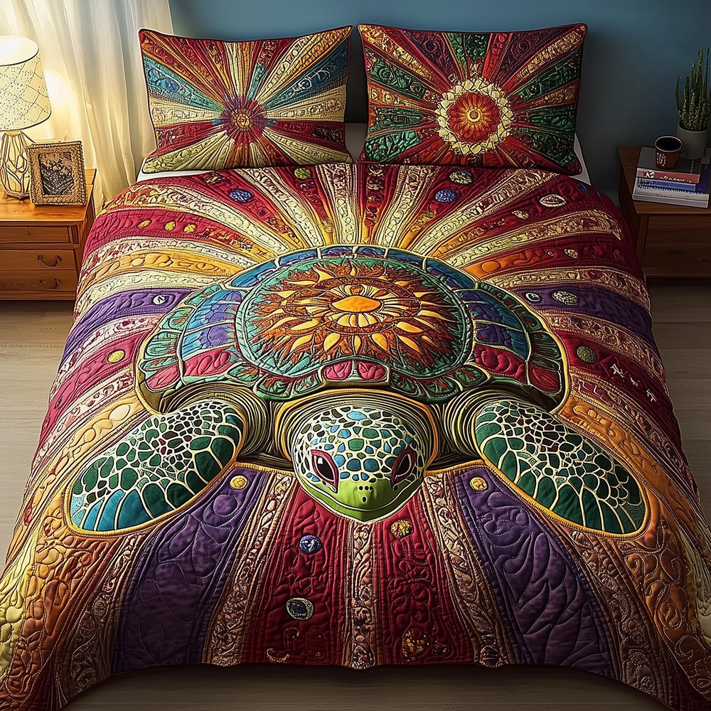 Awakening of the Sea Turtle quilted 3-piece bedding set on a made bed in a light coastal bedroom