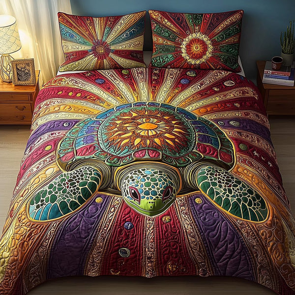 Awakening of the Sea Turtle quilted 3-piece bedding set on a made bed in a light coastal bedroom