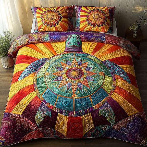 Awakening of the Sea Turtle quilted 3-piece bedding set on a made bed in a light coastal bedroom