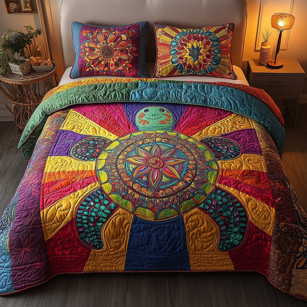 Awakening of the Sea Turtle quilted 3-piece bedding set on a made bed in a light coastal bedroom