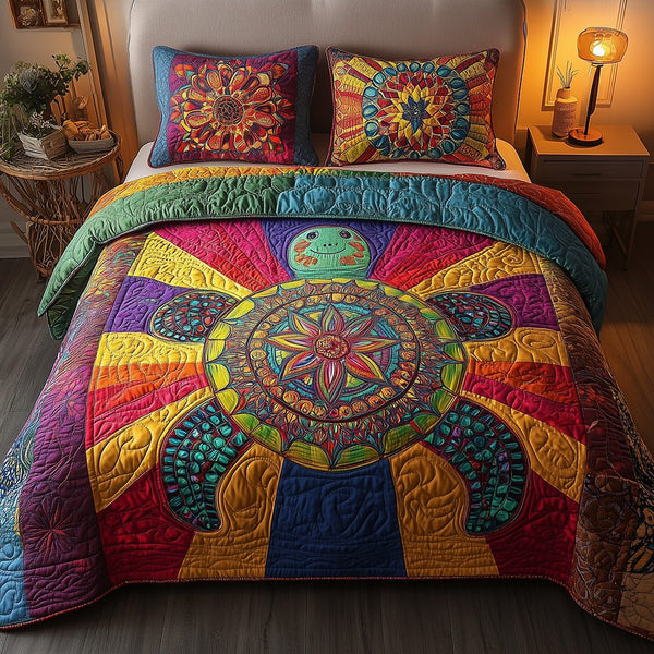 Awakening of the Sea Turtle quilted 3-piece bedding set on a made bed in a light coastal bedroom