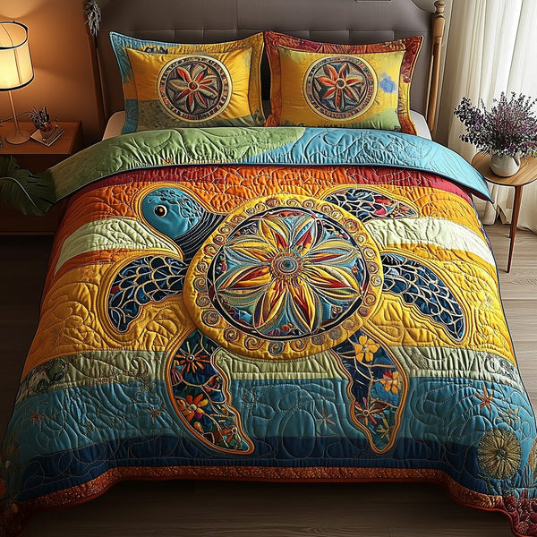 Awakening of the Sea Turtle quilted 3-piece bedding set on a made bed in a light coastal bedroom
