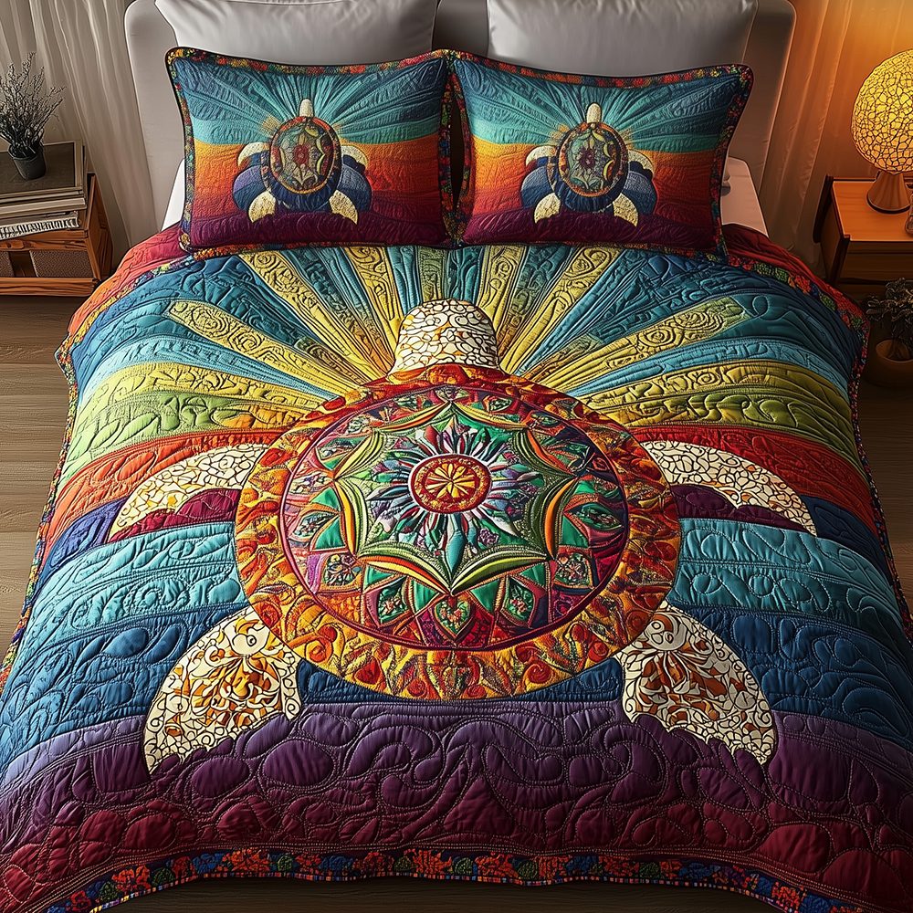 Awakening of the Sea Turtle quilted 3-piece bedding set on a made bed in a light coastal bedroom