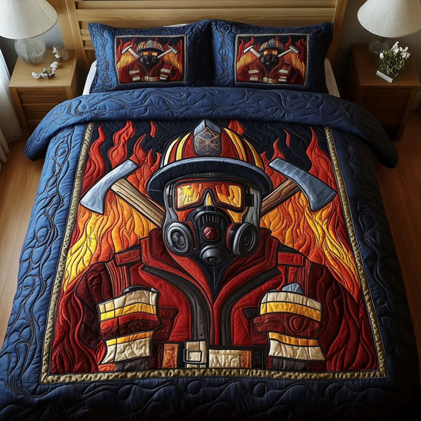 Axe Guardian quilted 3-piece bedding set on a made bed with two matching pillow shams