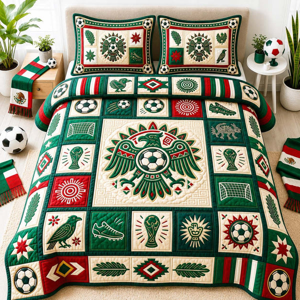 Aztec Eagle Kick quilted 3-piece bedding set on a made bed in a warmly lit bedroom