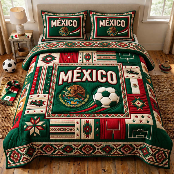 Aztec Match Spirit quilted 3-piece bedding set on a made bed with two matching pillow shams