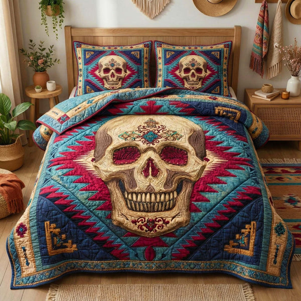Aztec Skull quilted 3-piece bedding set on a made bed against a dark styled interior