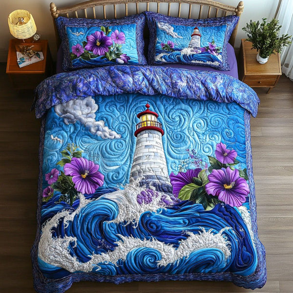 Azure Beacon quilted 3-piece bedding set on a made bed with two matching pillow shams