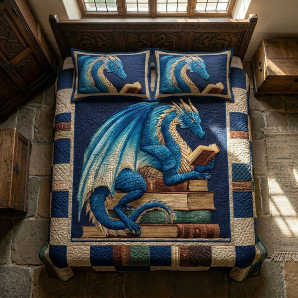 Azure Dragon quilted 3-piece bedding set on a made bed with two matching pillow shams