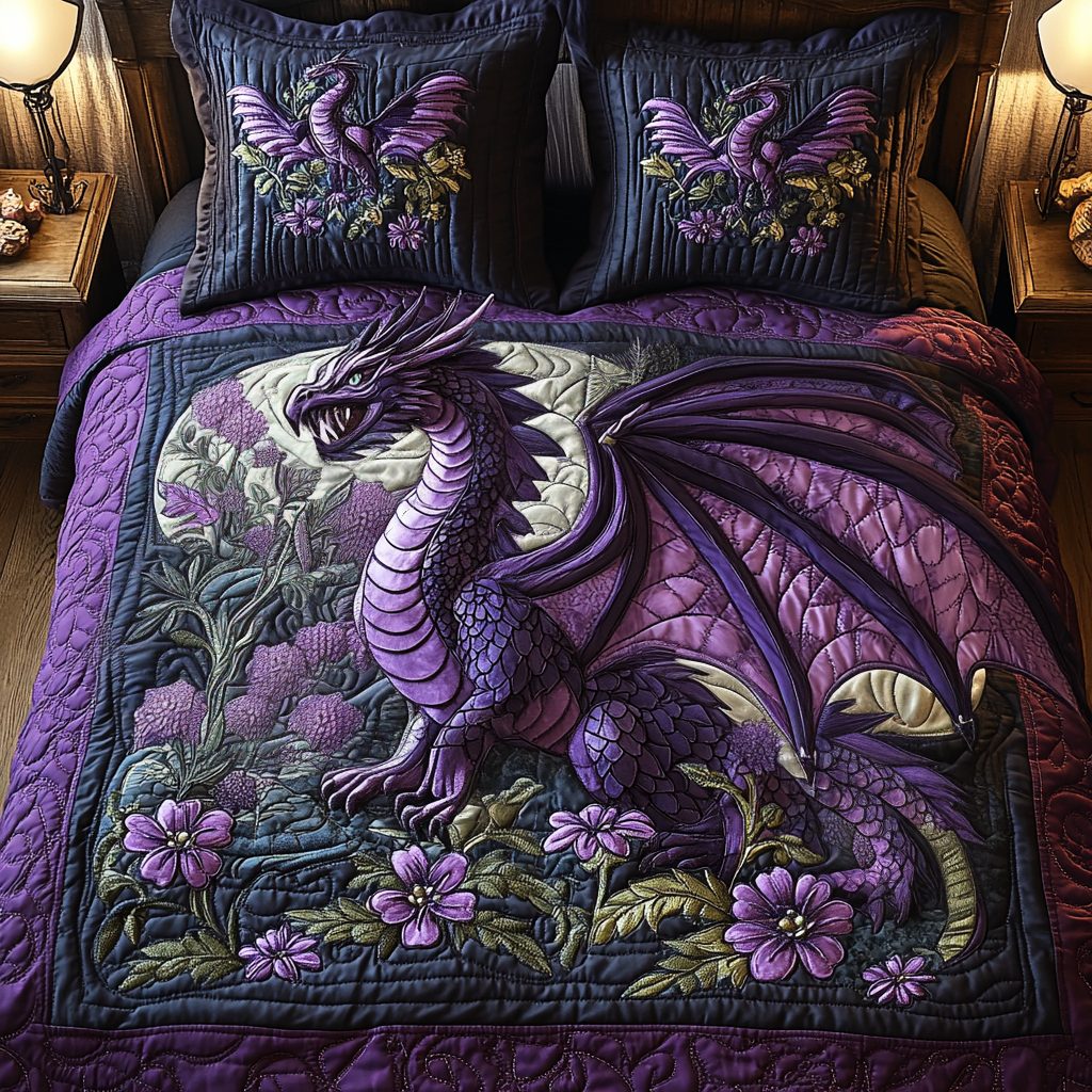 Azure Flame quilted 3-piece bedding set on a made bed with two matching pillow shams