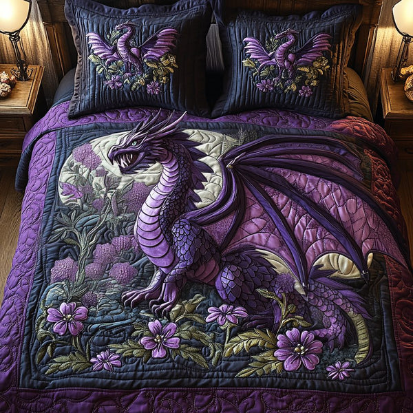 Azure Flame quilted 3-piece bedding set on a made bed with two matching pillow shams