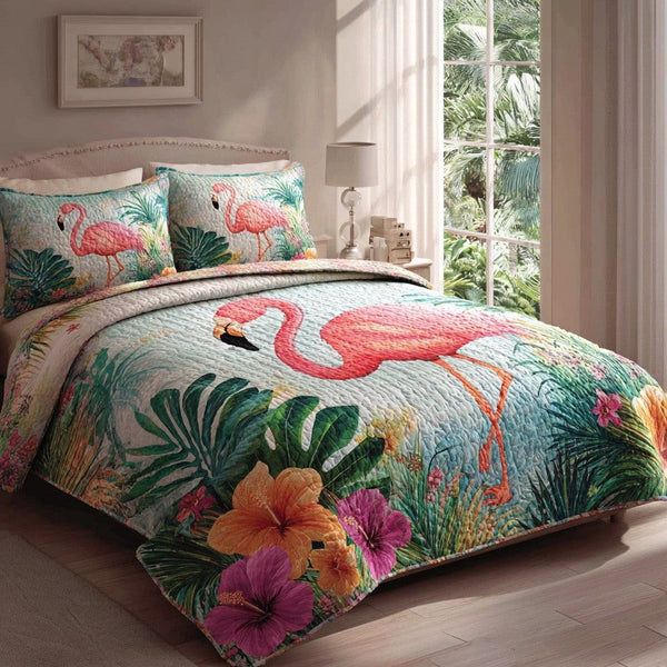 Azure Flamingo quilted 3-piece bedding set on a made bed with two matching pillow shams