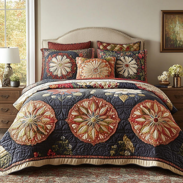 Azure Garden quilted 3-piece bedding set on a made bed with two matching pillow shams