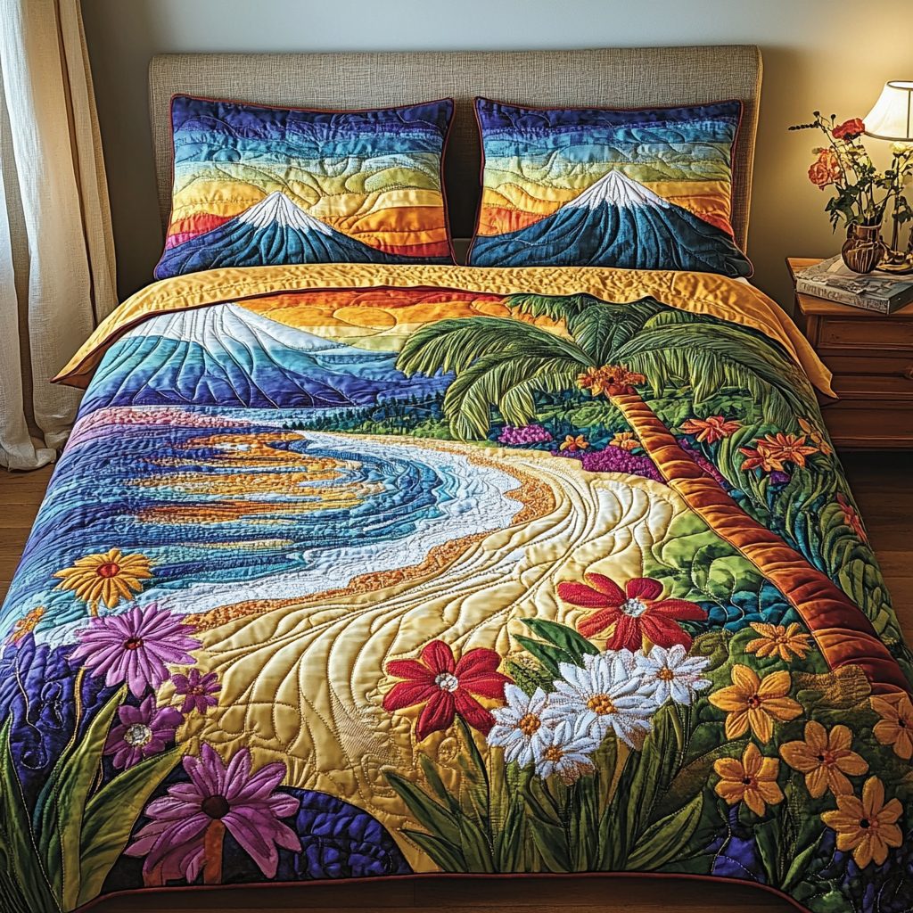 Azure Horizons quilted 3-piece bedding set on a made bed with two matching pillow shams